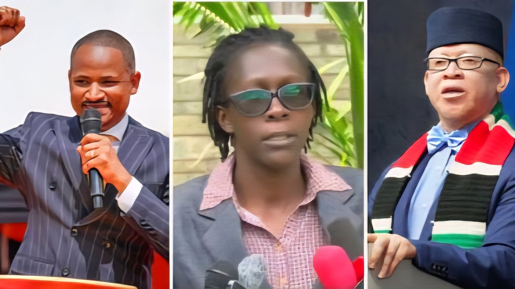 Collage photos of Embakasi East MP Babu Owino (left), teacher Jepkosgei Chemoiwa (centre) and Government Spokesperson, Isaac Mwaura.