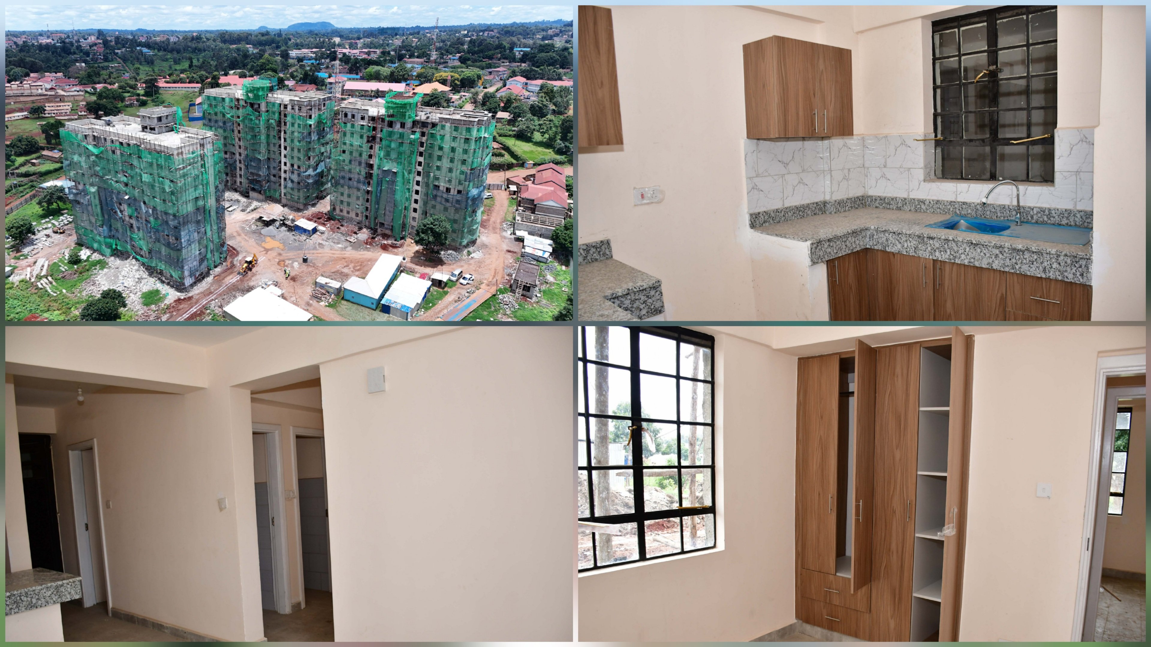 Aerial and interior views of the Blue Valley Affordable Housing Project in Nyeri showing three 11-storey green-clad residential blocks under construction and finished kitchen interiors.