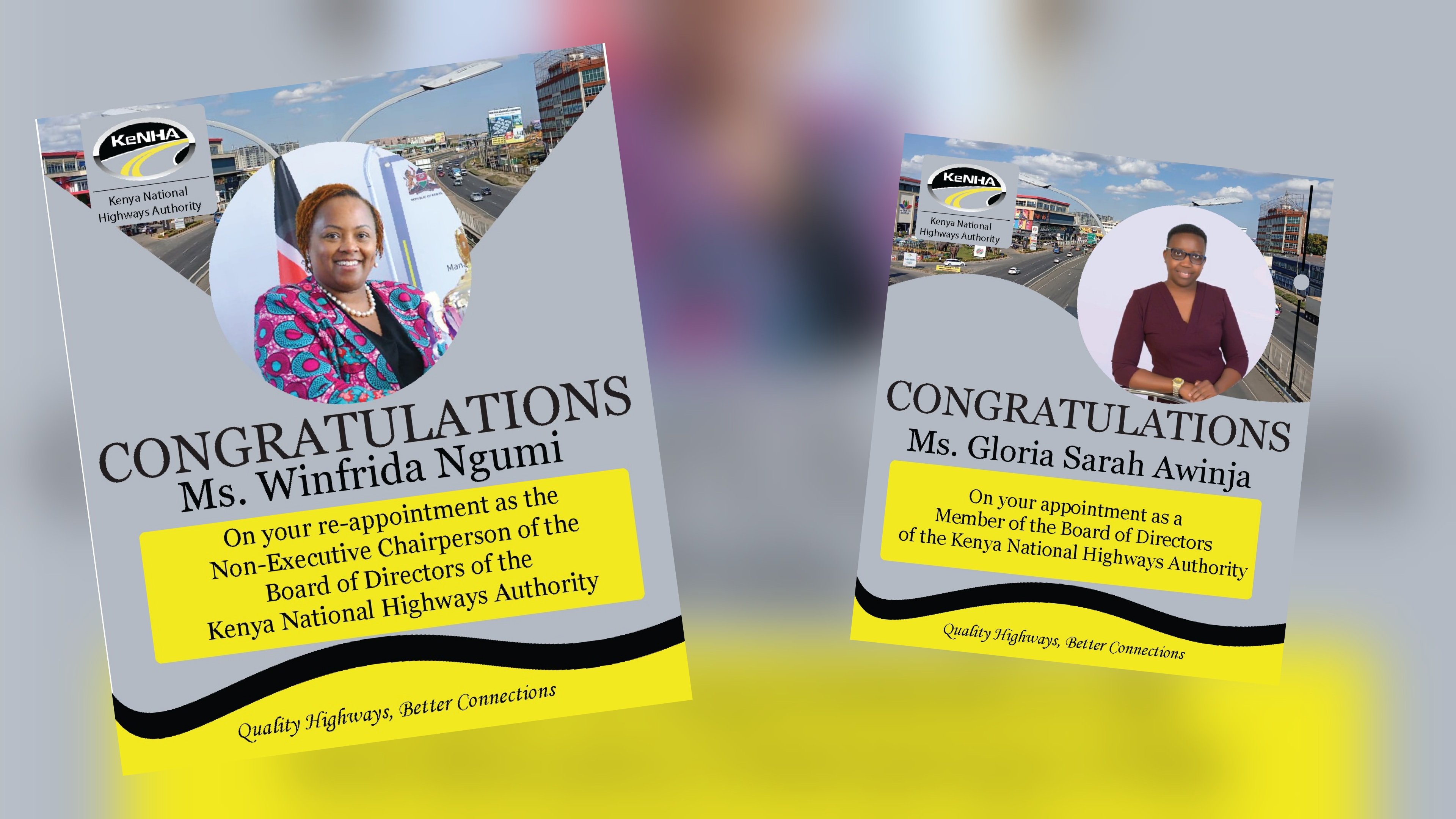 A split image featuring portraits of Ms. Winfrida Ngumi, re-appointed Non-Executive Chairperson, and Ms. Gloria Sarah Awinja, re-appointed Member of the Kenya National Highways Authority (KeNHA) Board of Directors, set against a backdrop of a modern Kenya