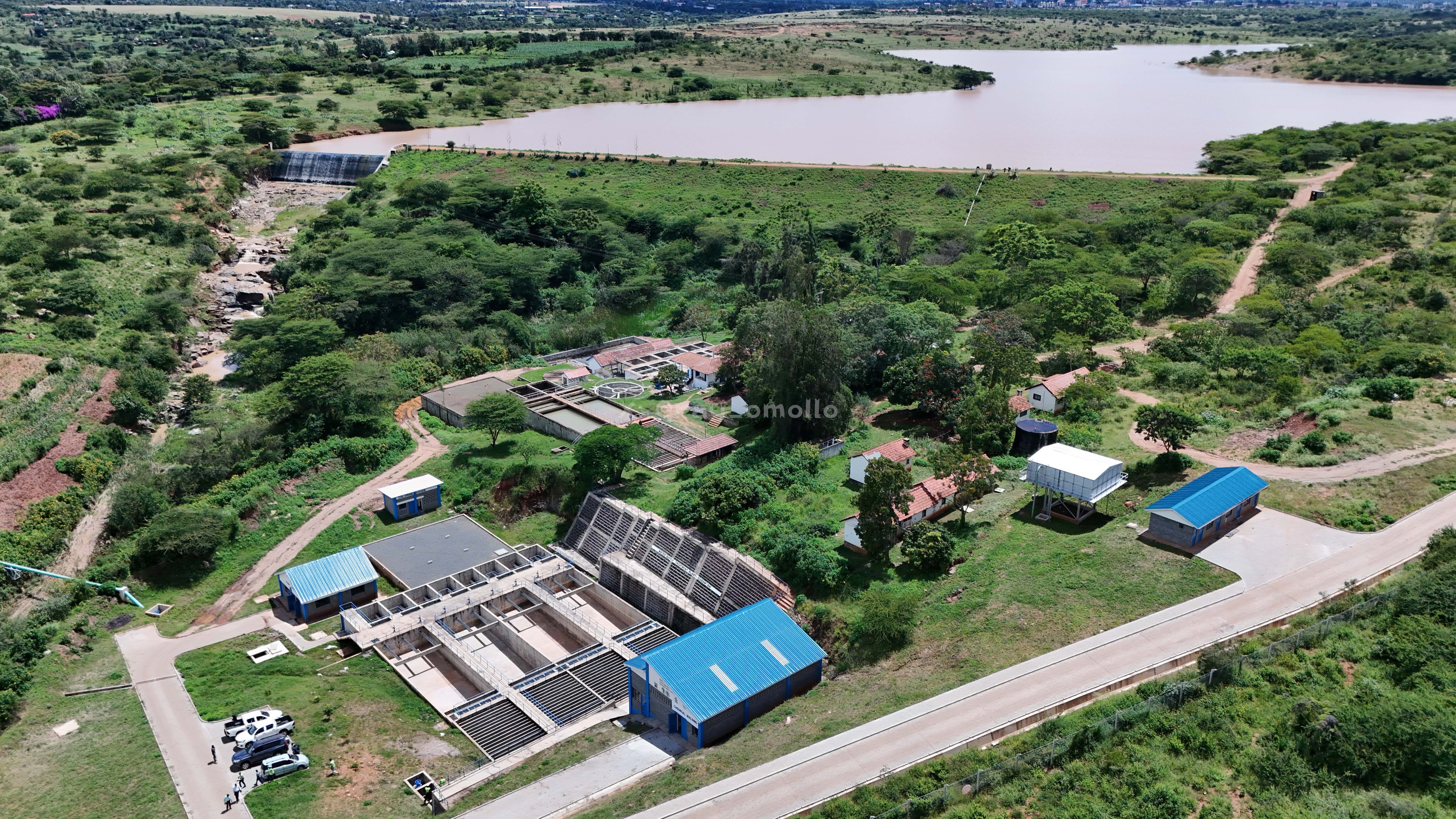 Aerial view of Maruba Dam reservoir and surrounding landscape in Machakos County during rehabilitation works