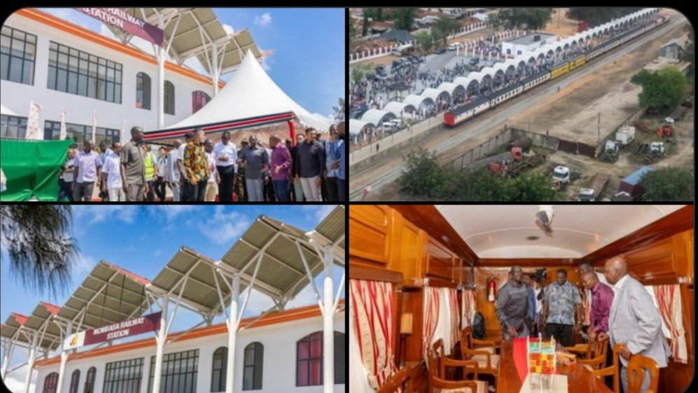 President William Ruto stands by a modern train at the new Mombasa Commuter Rail station, marking its official launch.