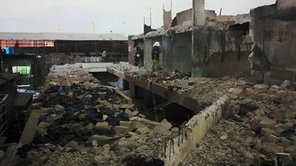 Collapsed section of Block B at Gikomba Market in Nairobi showing rubble and debris from the building that gave way during demolition work on June 25, 2026.