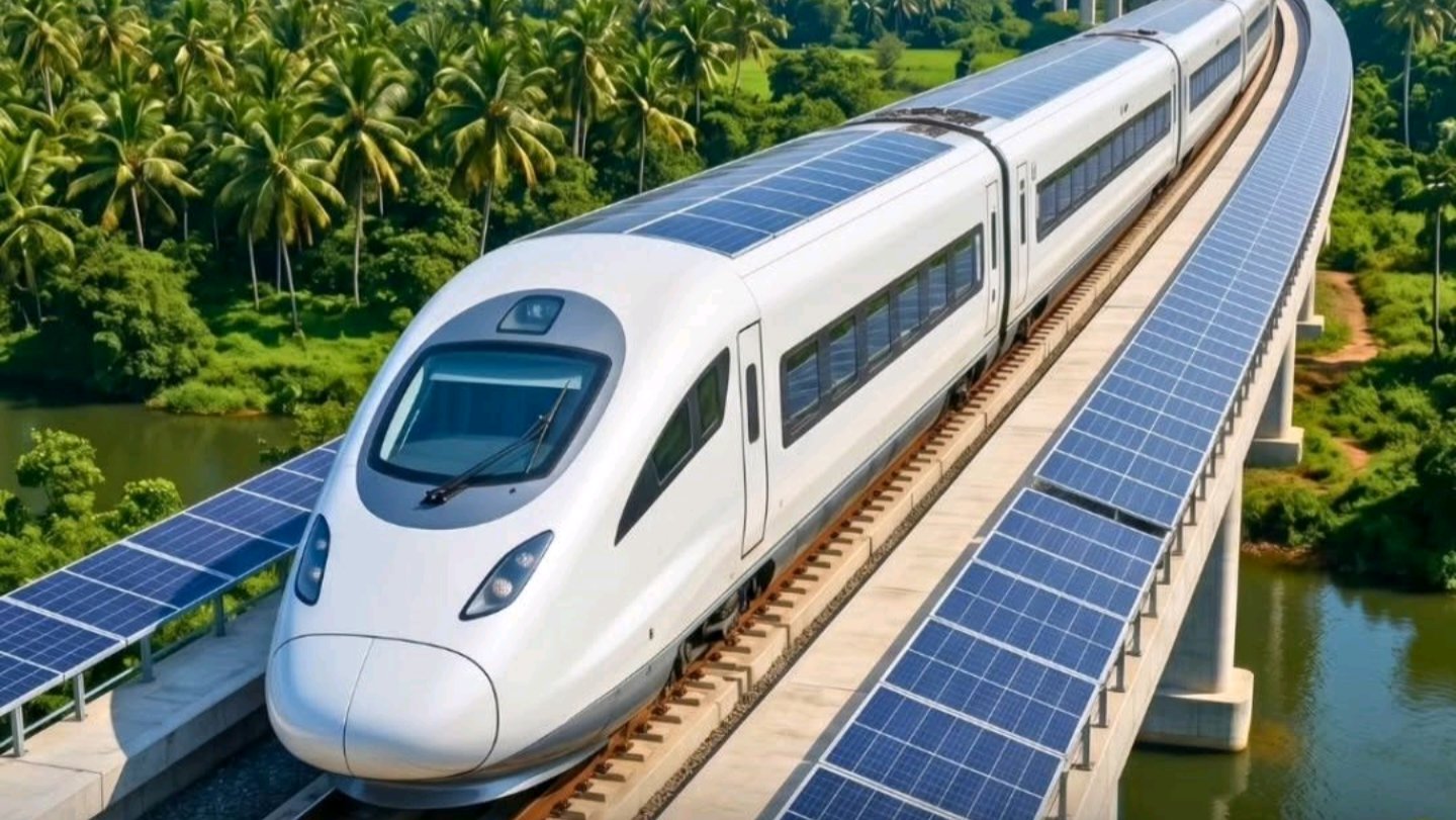Digital rendering of a modern white high-speed train traveling on an elevated concrete viaduct lined with blue solar panels through a lush green valley.