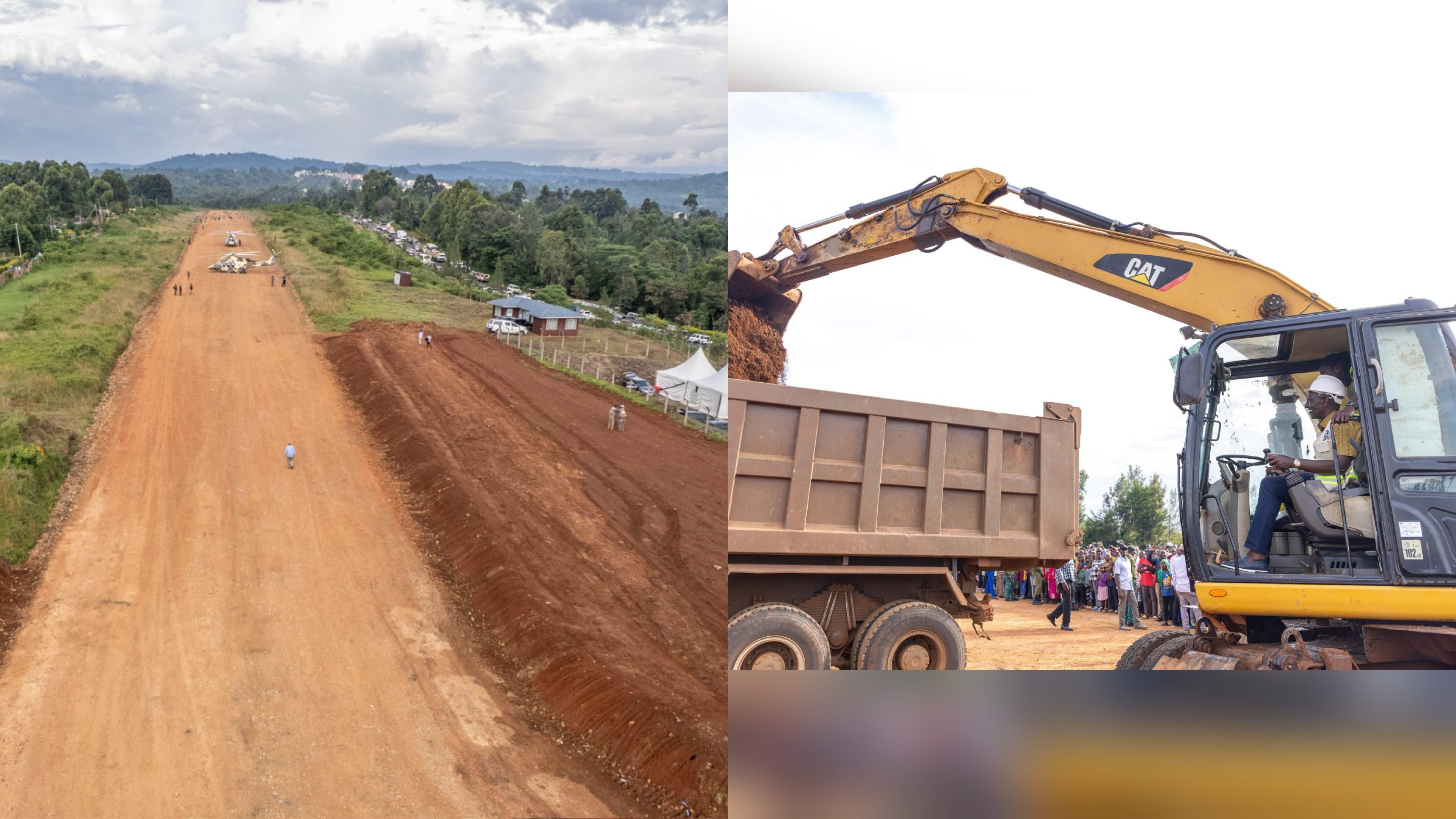 Aerial view of the Suneka Airstrip runway during construction and a close-up of an excavator loading a truck at the site.