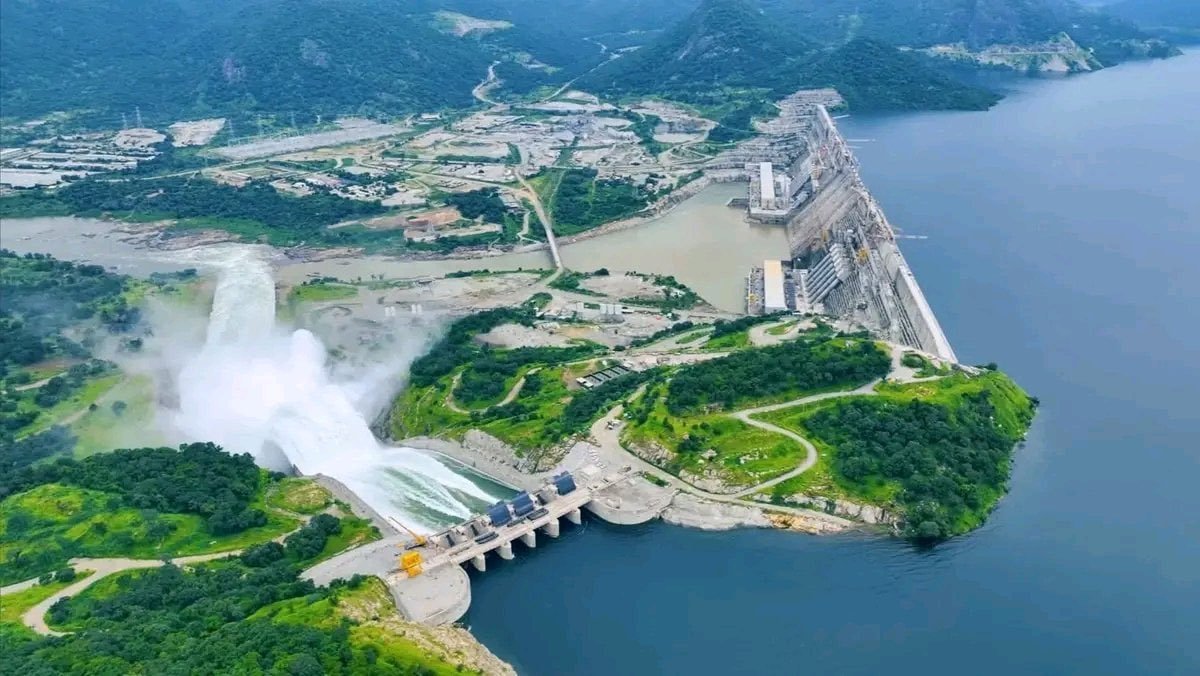 Aerial view of the Grand Ethiopian Renaissance Dam on the Blue Nile River in Ethiopia, showing the massive concrete structure, reservoir, and hydroelectric facilities during full operation in 2025.
