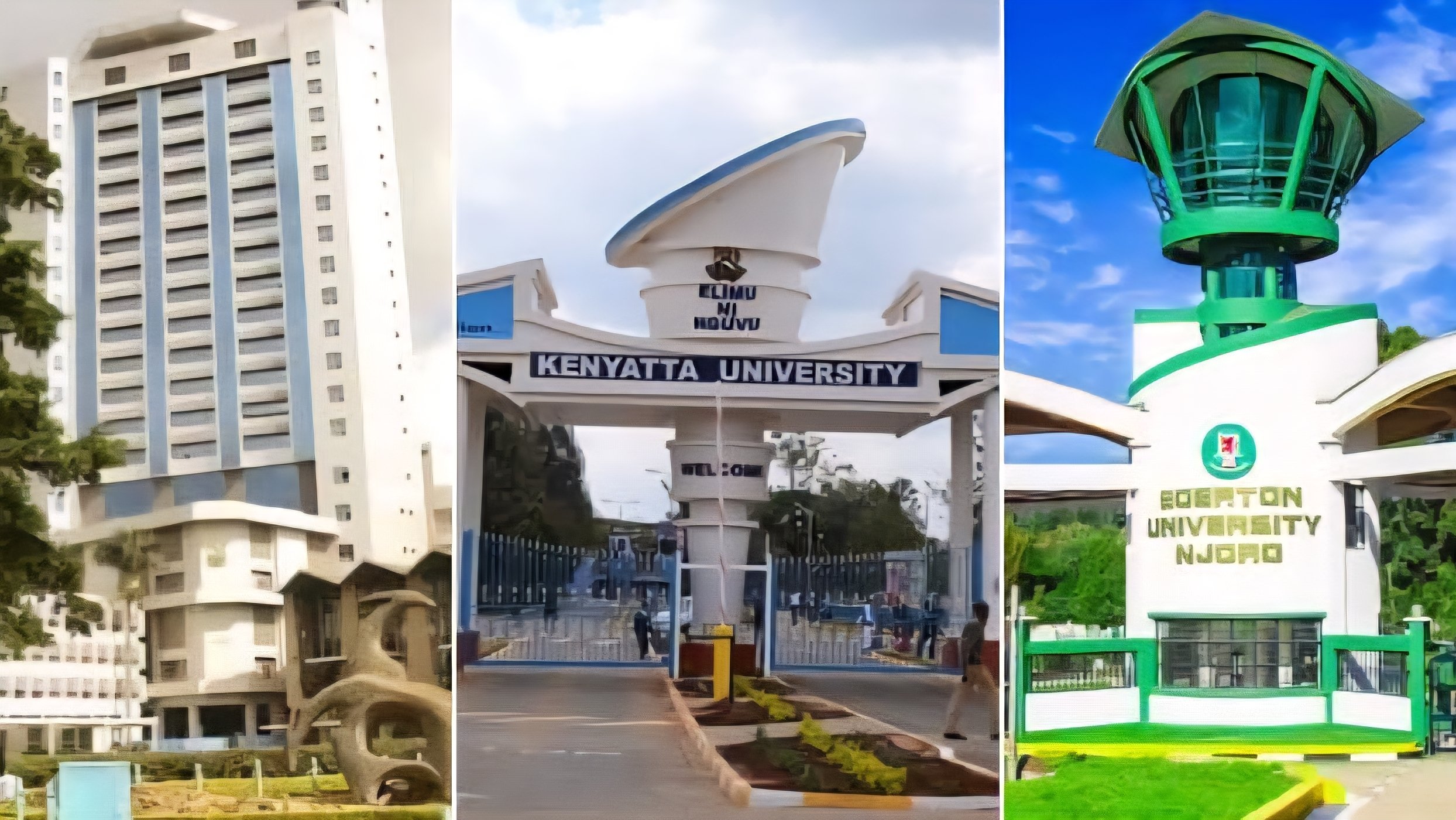 A compilation image titled 258964.png displaying the architectural entry gates and main buildings of major higher education institutions in Kenya.