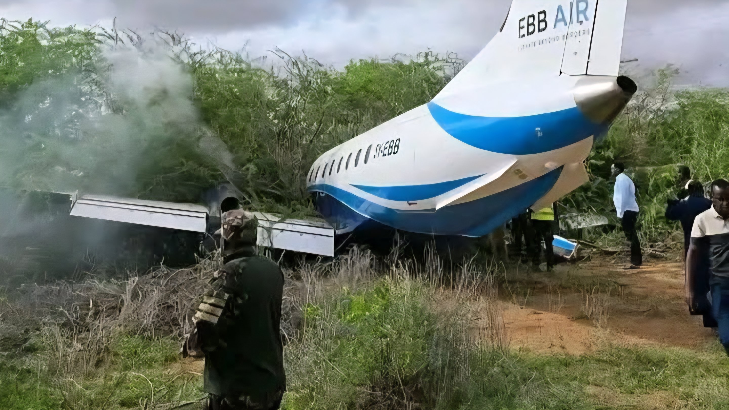Aerial view of an EBB Air Embraer 120 aircraft, registration 5Y-EBB, sitting in thick brush after overshooting the runway at Mandera Airstrip in Kenya.