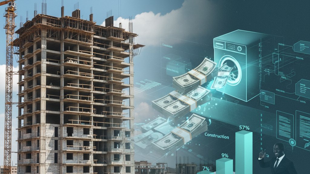 Split image: construction site with a building under development on the left; digital interface on the right with money going into a washing machine, a "Construction 57%" bar chart, and a businessman with blueprints.