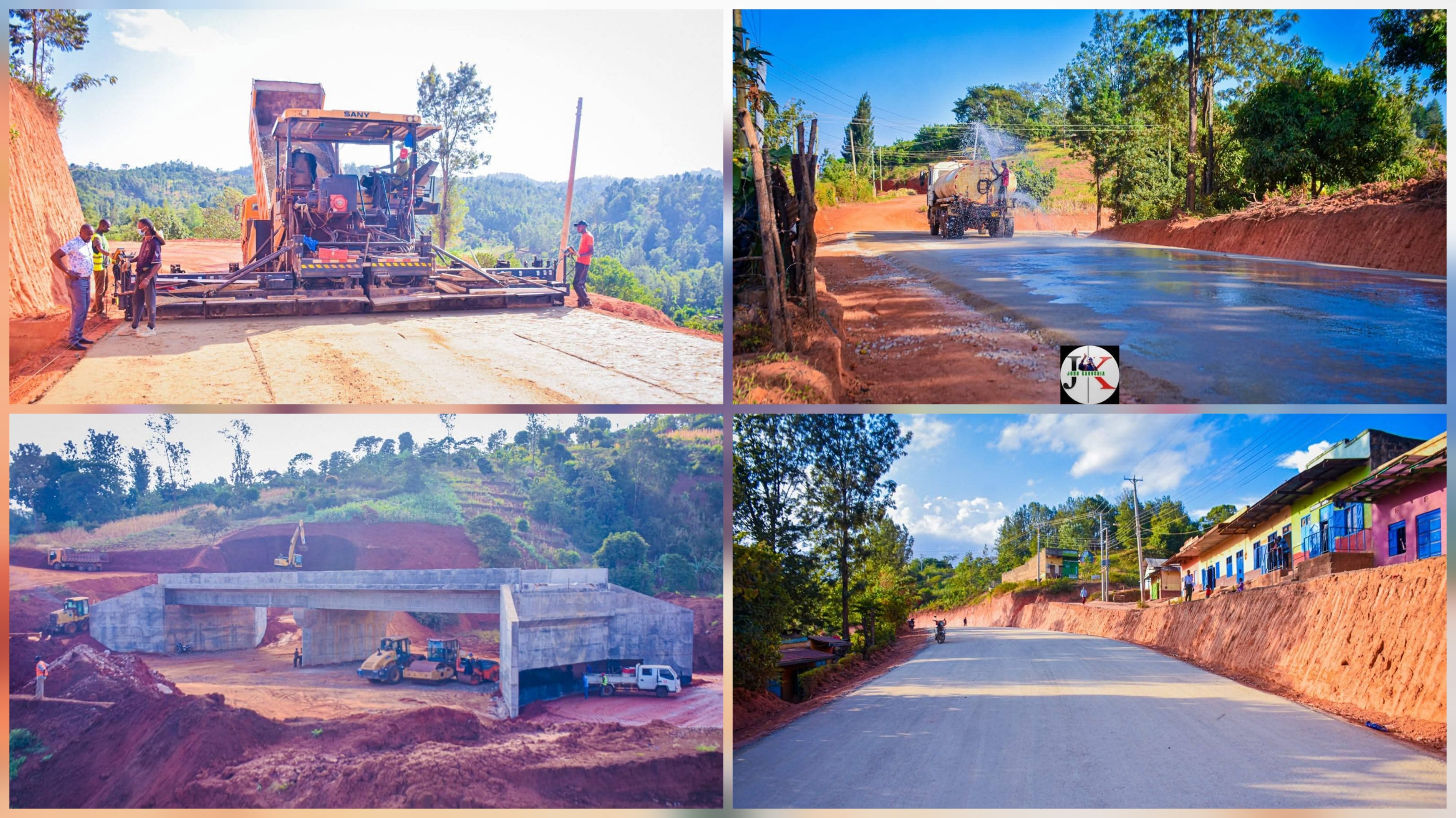Close-up of a road construction site in Kenya showing a freshly laid bitumen surface and heavy machinery in the background.