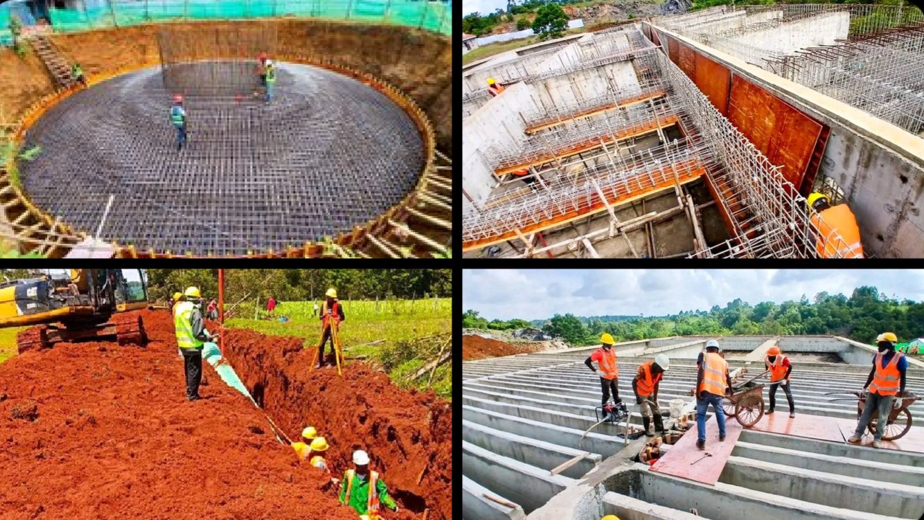 Construction workers assembly steel reinforcements and pouring concrete for the circular foundation and filtration tanks of the Kipkarren Dam Water Treatment Works in Eldoret.