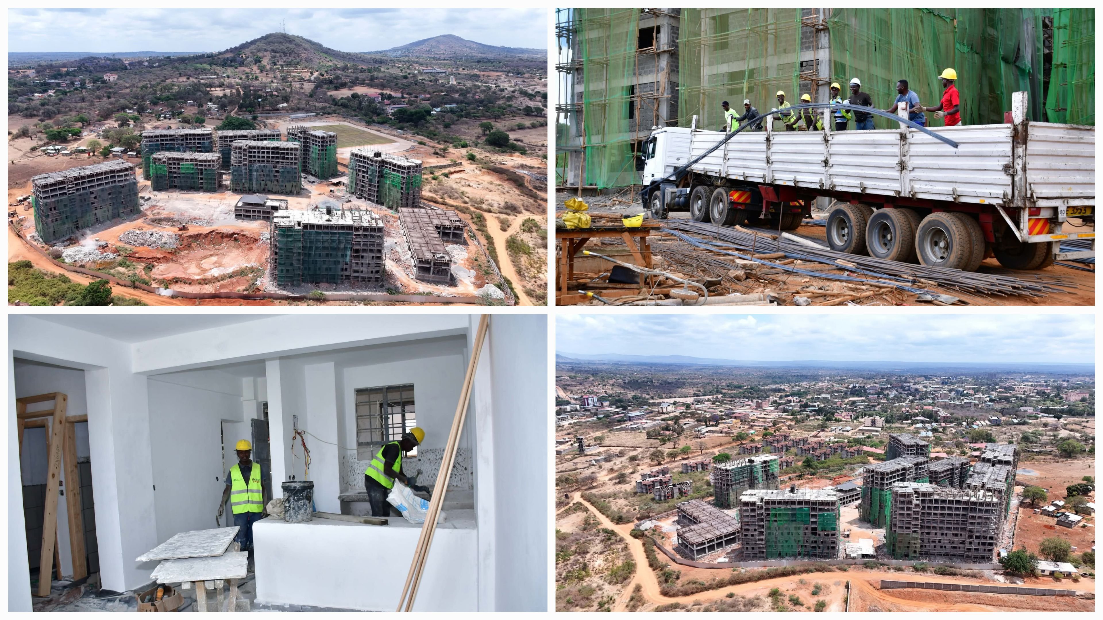 Views of an active construction site in Kenya featuring concrete pillars, reinforcement bars, and workers in safety gear.