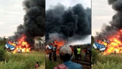 Freight train on fire with flames and black smoke at Masimba in Makueni County on 1 July 2026.
