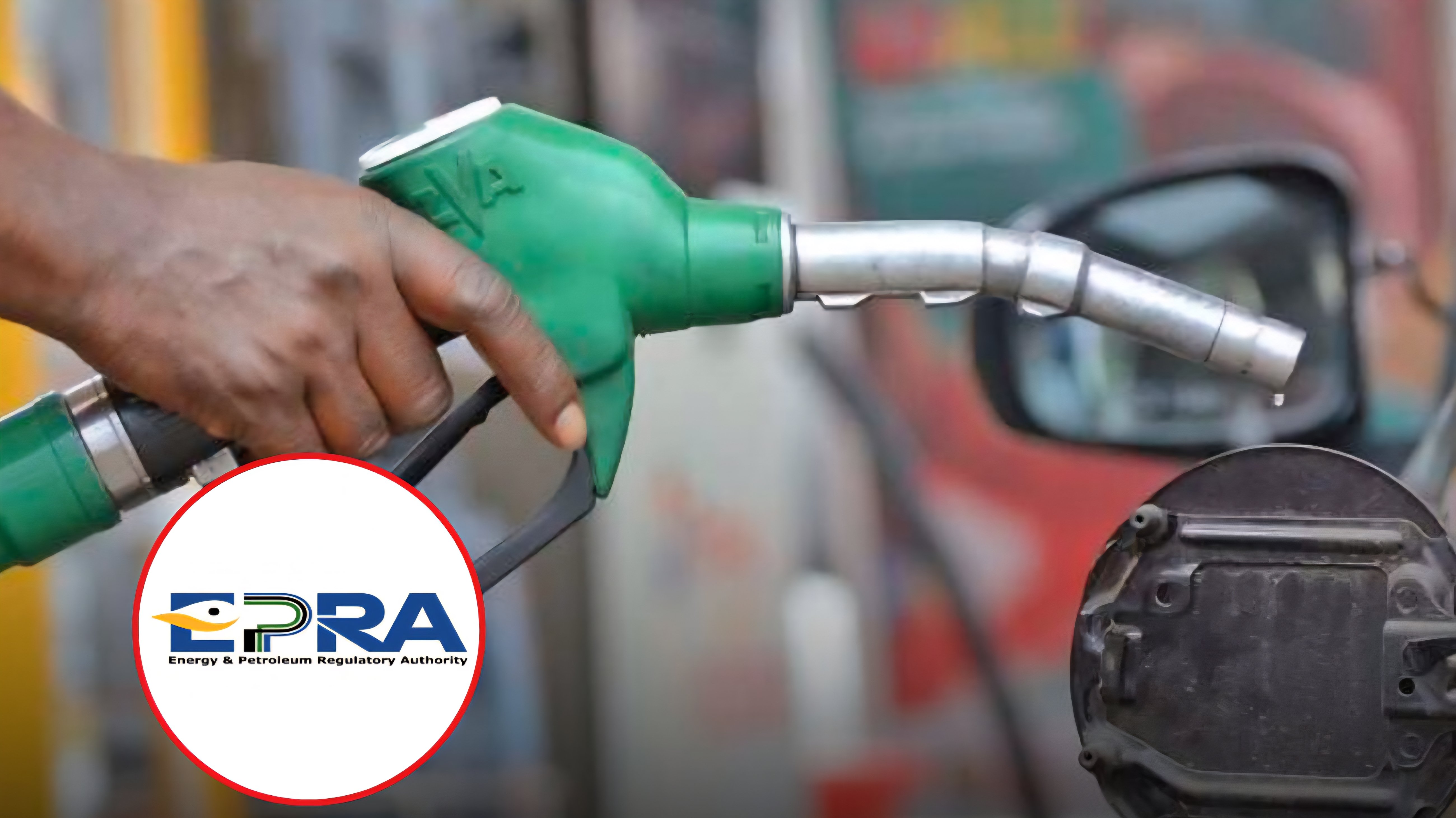 A close-up of a green fuel pump nozzle being held by a station attendant at a petrol station in Kenya, with a blurred vehicle and EPRA logo in the background.
