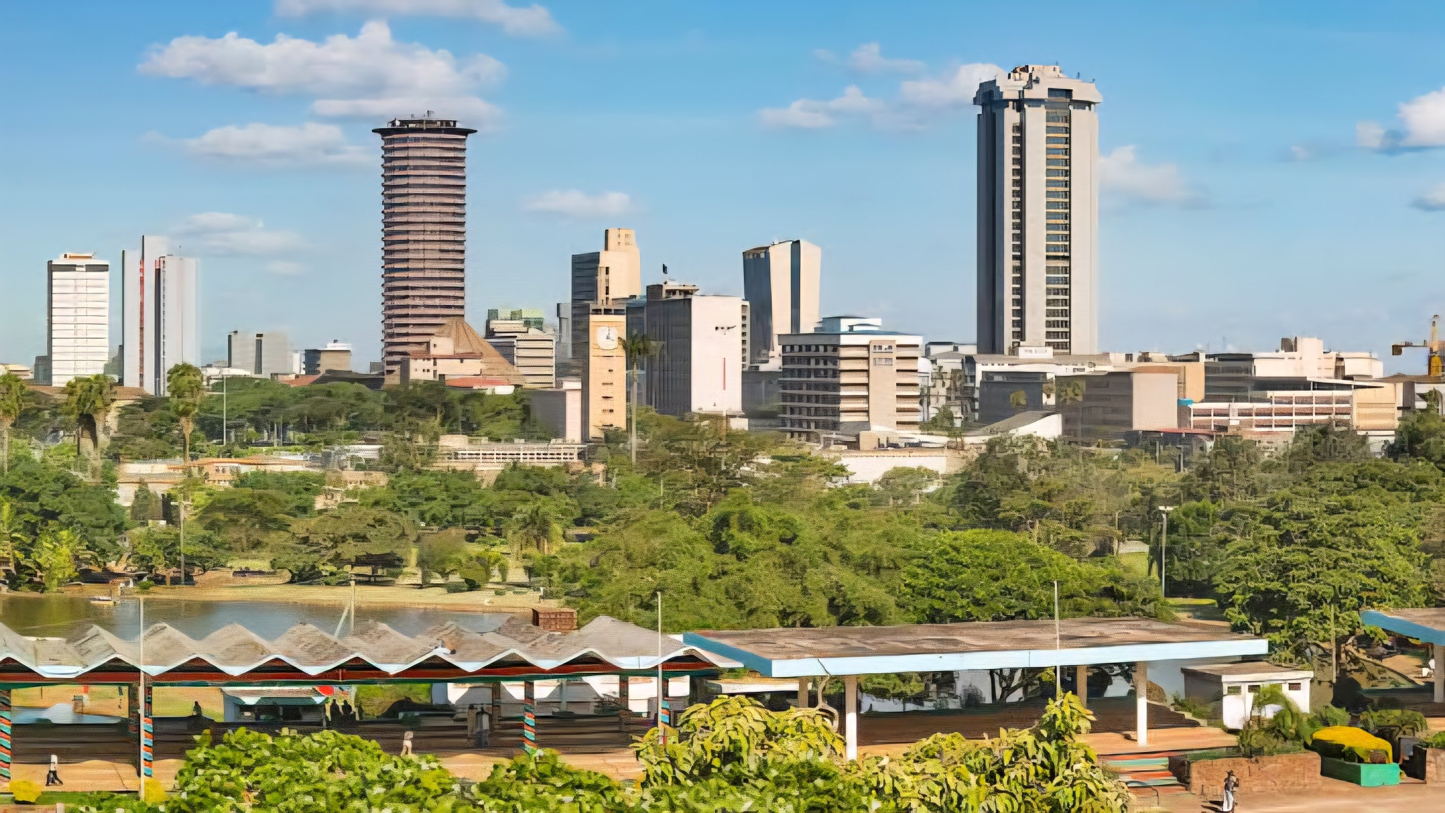 An architectural photograph showing a general view of the high-rise commercial office buildings in the Upper Hill financial district of Nairobi.