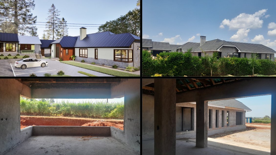 Modern farmhouse featuring external stone walls and large open windows surrounded by green vegetation.