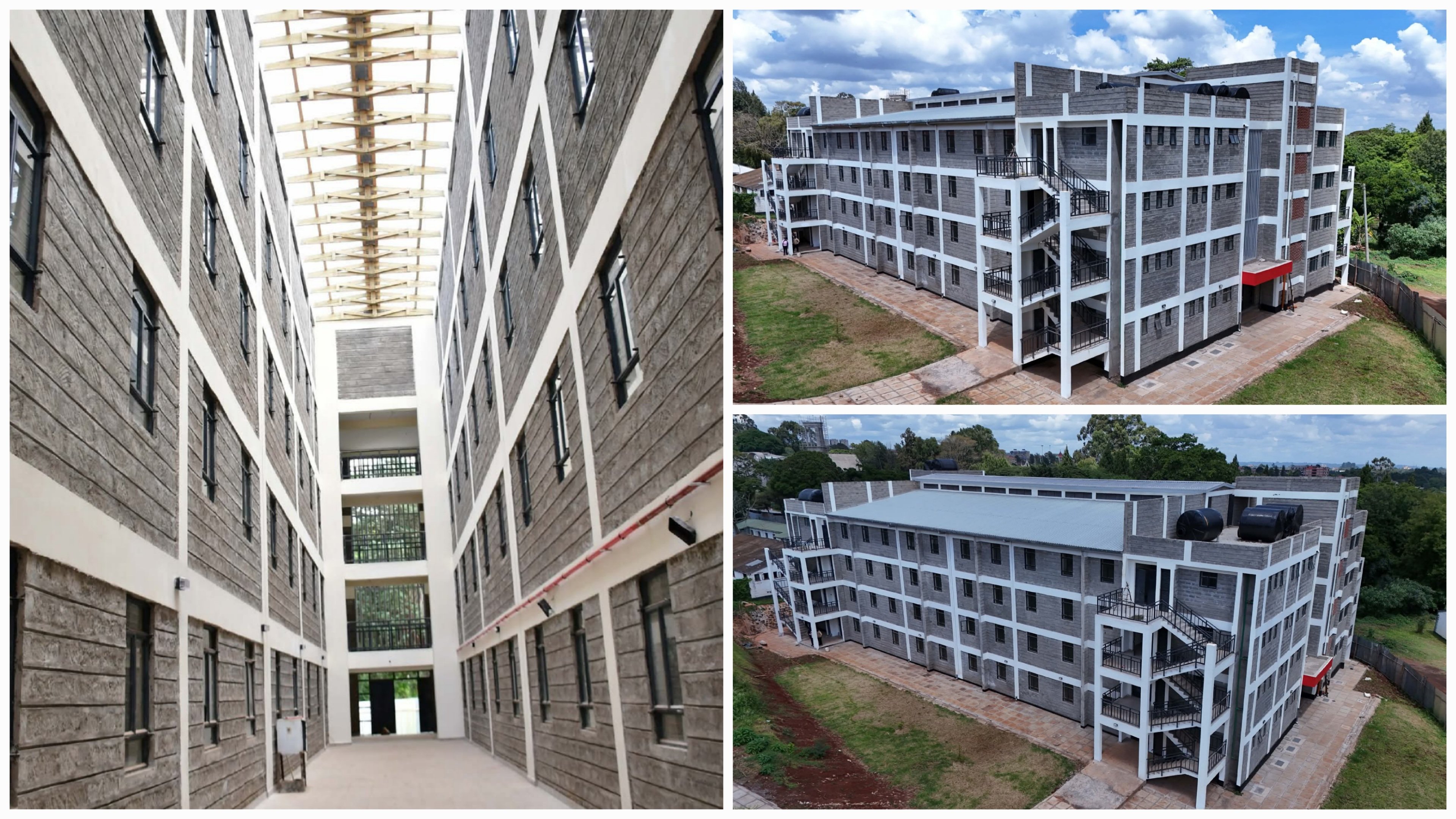 A wide view of a modern four-storey dormitory building at Alliance High School featuring uniform windows and a functional concrete finish.