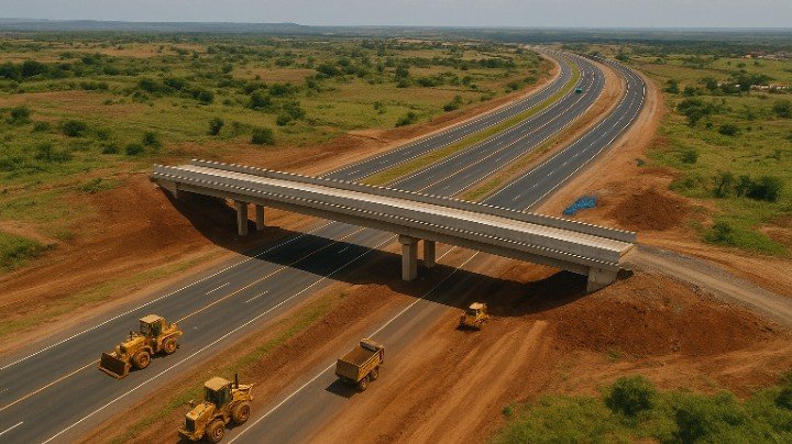 Construction of the Northern Corridor Highway showing widened lanes, modern bridges, and heavy machinery improving East Africa’s transport route