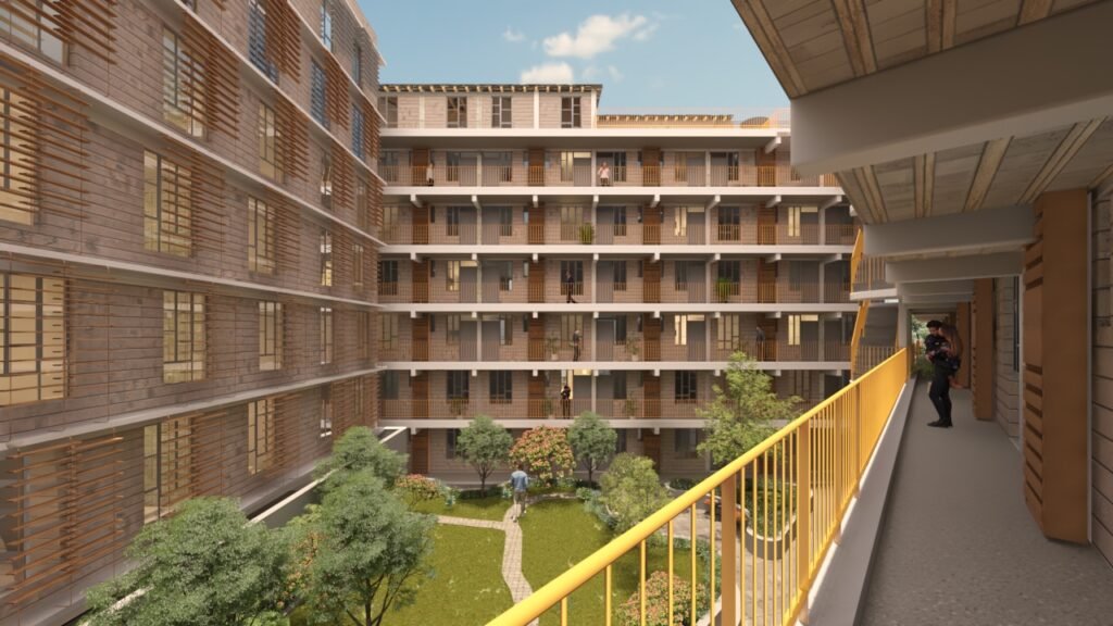 Exterior view of a modern low-rise residential development in Nairobi, Kenya, featuring clean lines, natural ventilation design elements and landscaped surroundings.