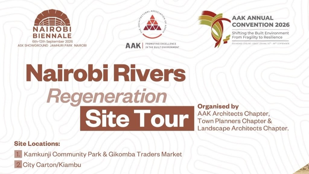 Promotional poster for the AAK Nairobi Rivers Regeneration Site Tour showing rocky riverbank and event details.