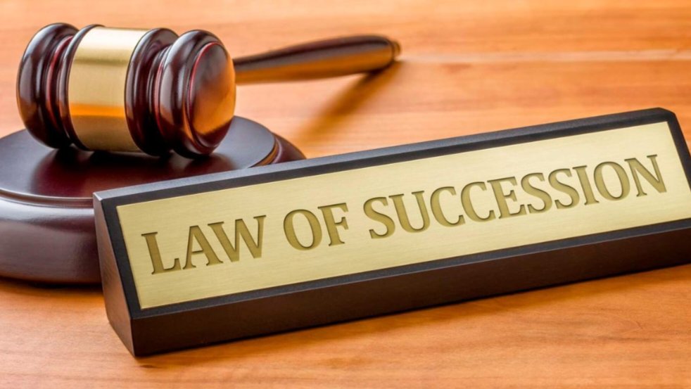 A wooden gavel resting next to a plaque inscribed with the words Law of Succession on a desk.