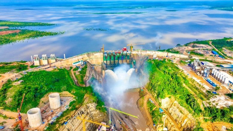 Aerial view of the Nyerere Hydropower Dam facility spanning across the Rufiji River in Tanzania.