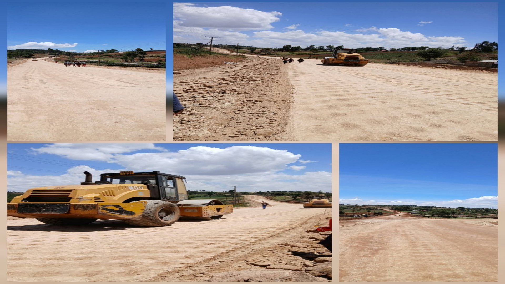 A yellow heavy-duty drum roller compacting a wide, graded dirt road in a rural Kenyan landscape under a blue sky with scattered clouds.