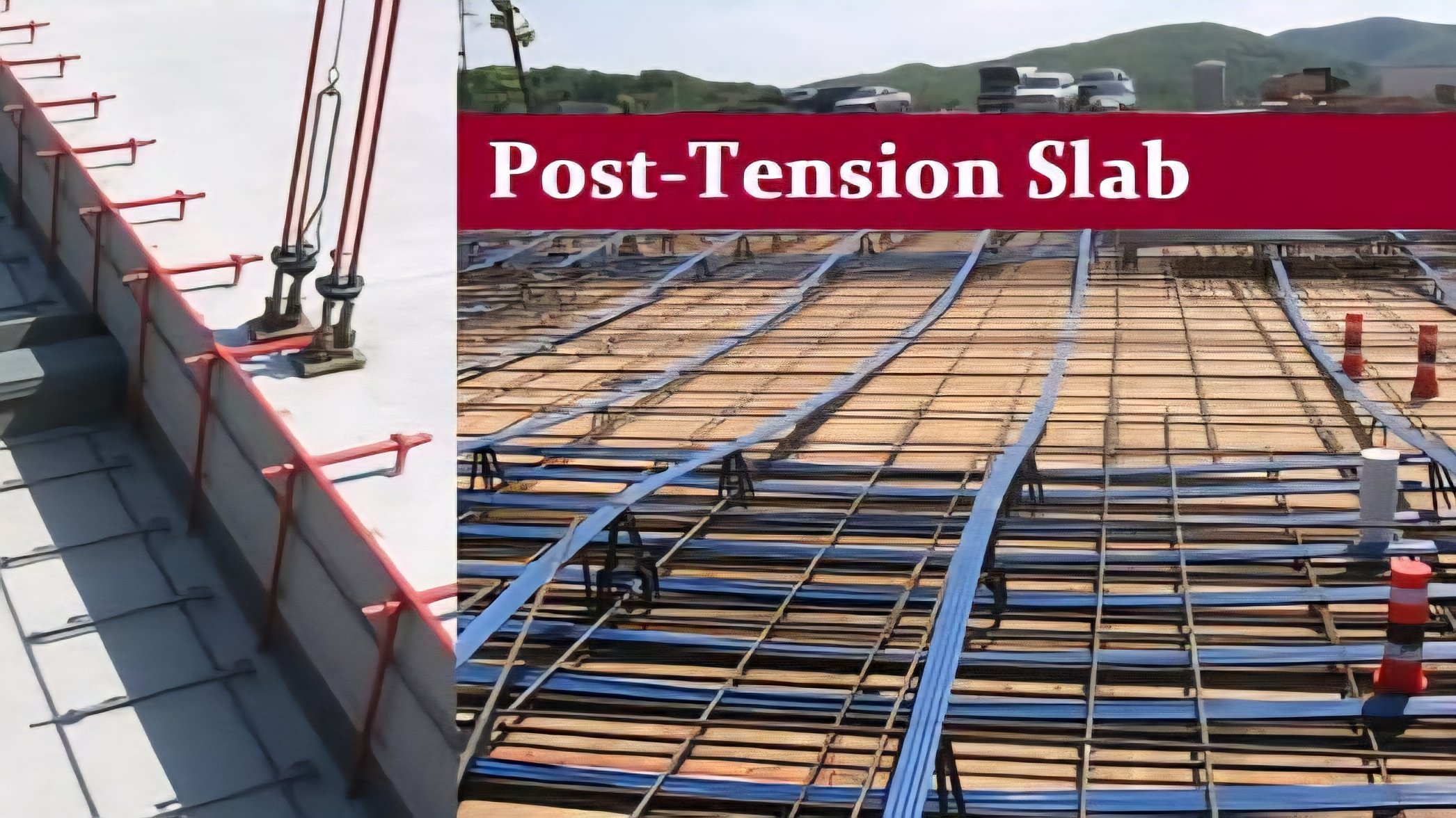 Top-down view of a construction site showing a post-tensioned slab with blue plastic-coated steel tendons laid out in a grid pattern before concrete pouring.