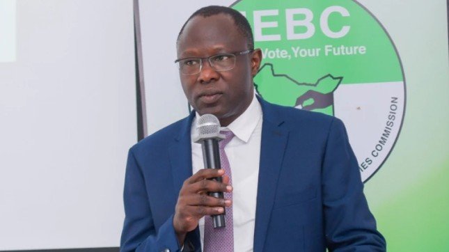 IEBC Chairperson Erastus Ethekon speaking at a press conference