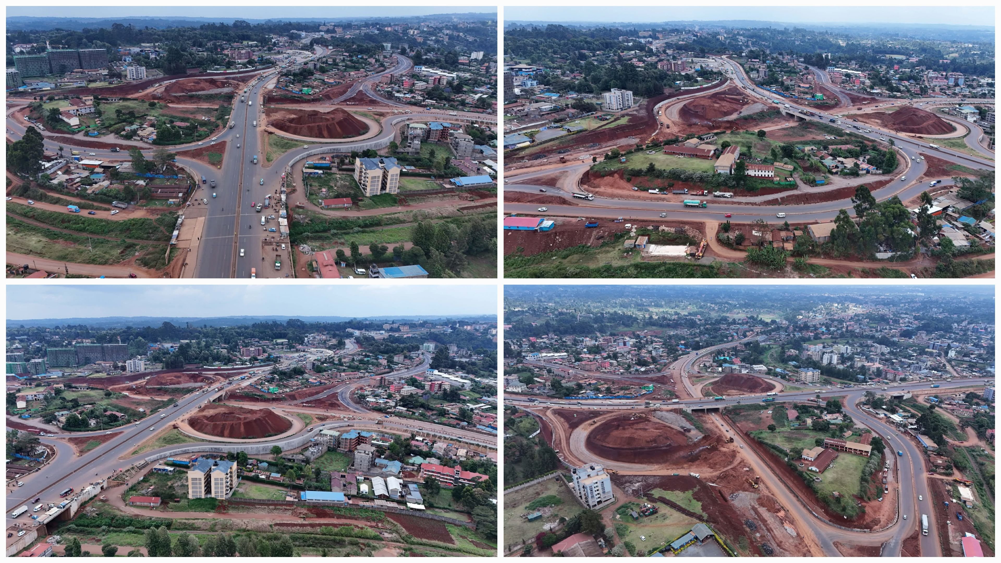 An aerial photograph showing the advanced construction of the Gitaru Interchange in Kiambu County, featuring multiple completed flyovers and access ramps connecting major highways.