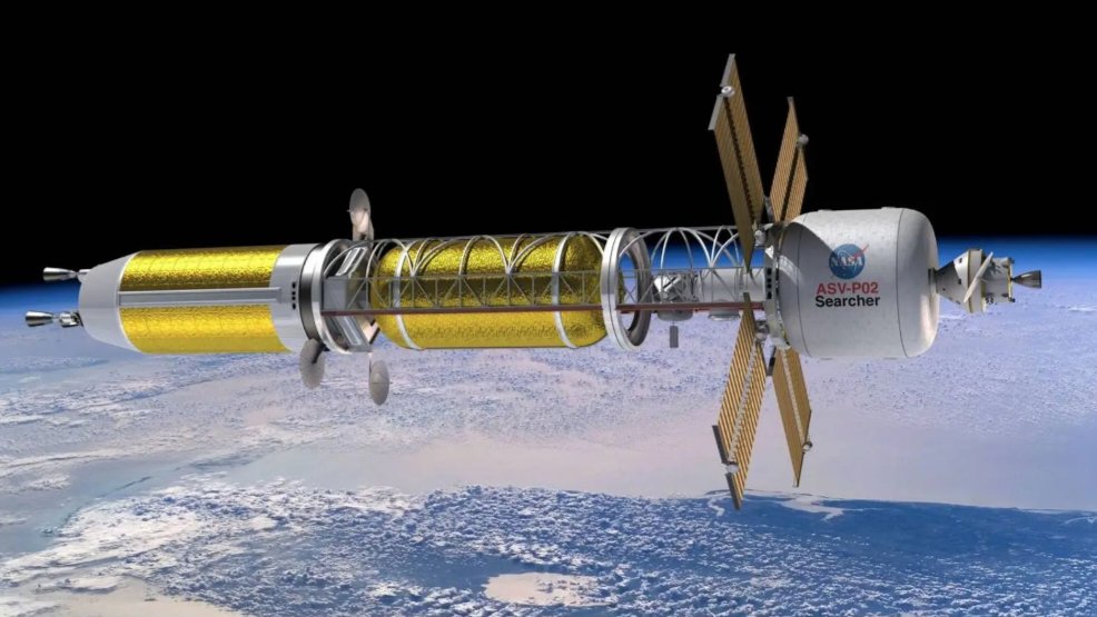 Digital rendering of an advanced nuclear propulsion spacecraft operating in Earth orbit.
