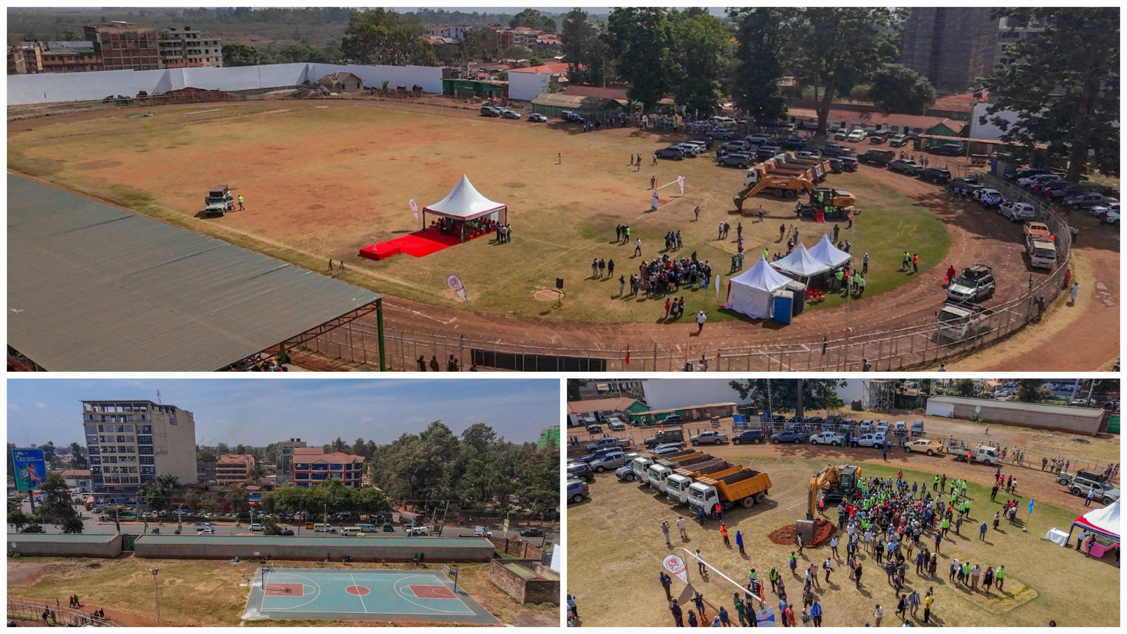 Aerial view of the Thika Stadium groundbreaking ceremony site in Kiambu County, showing the existing pitch and temporary event tents.
