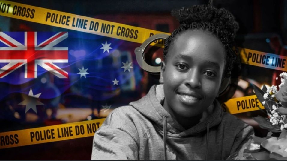Black and white portrait of Sheila Jepkorir Chebii overlaid with police line tape and flags of Kenya and Australia, as referenced in file 240056.jpg.