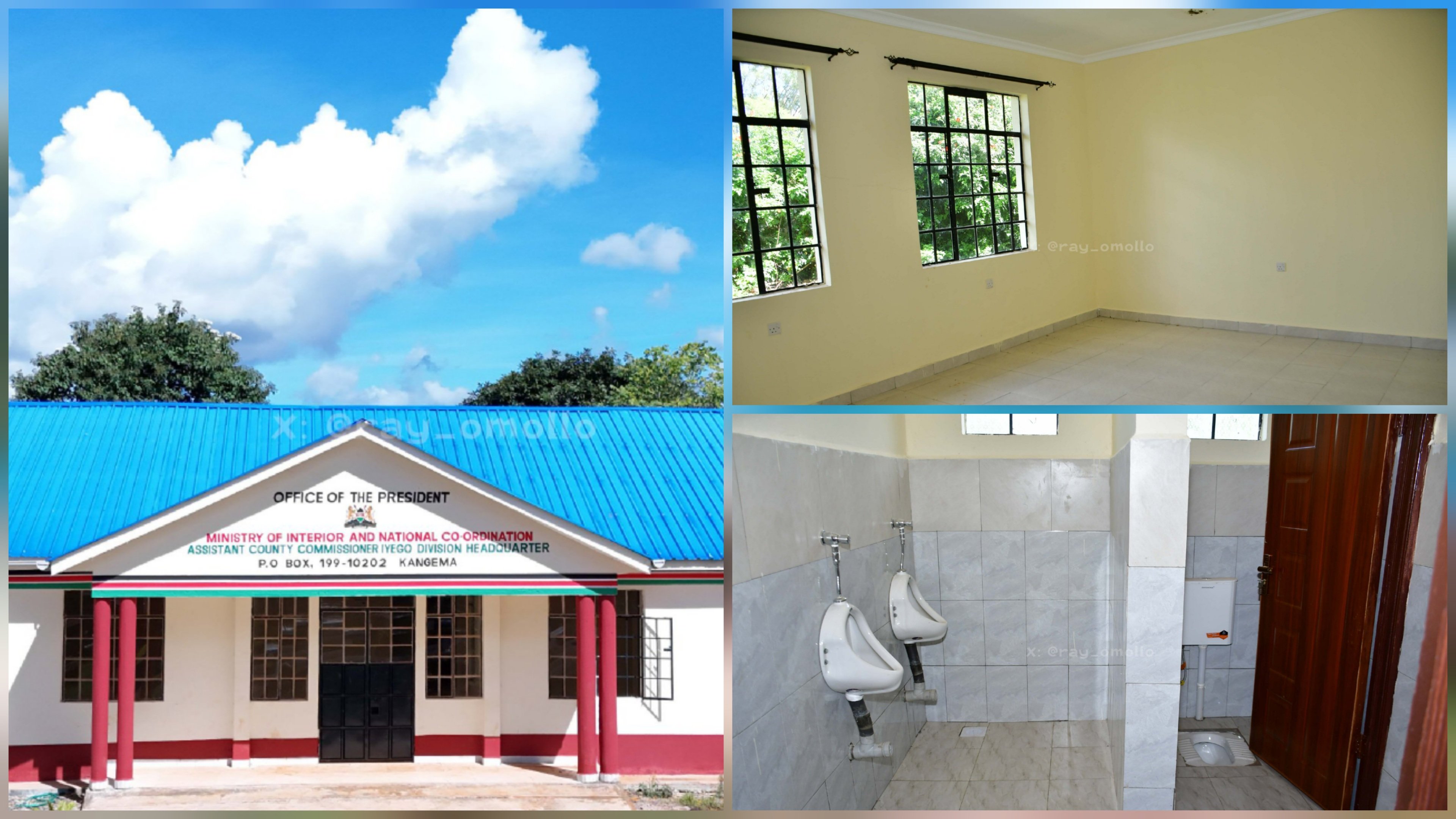 Exterior and interior views of the newly completed Iyego Assistant County Commissioner's office in Kangema, featuring a white building with a blue roof.