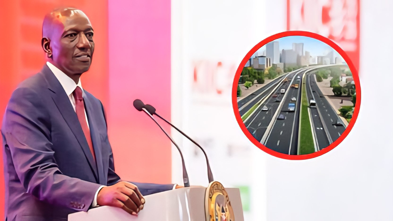 President Ruto speaking at a podium with an inset graphic showing a digital model of a modern multi-lane expressway with green landscaping.