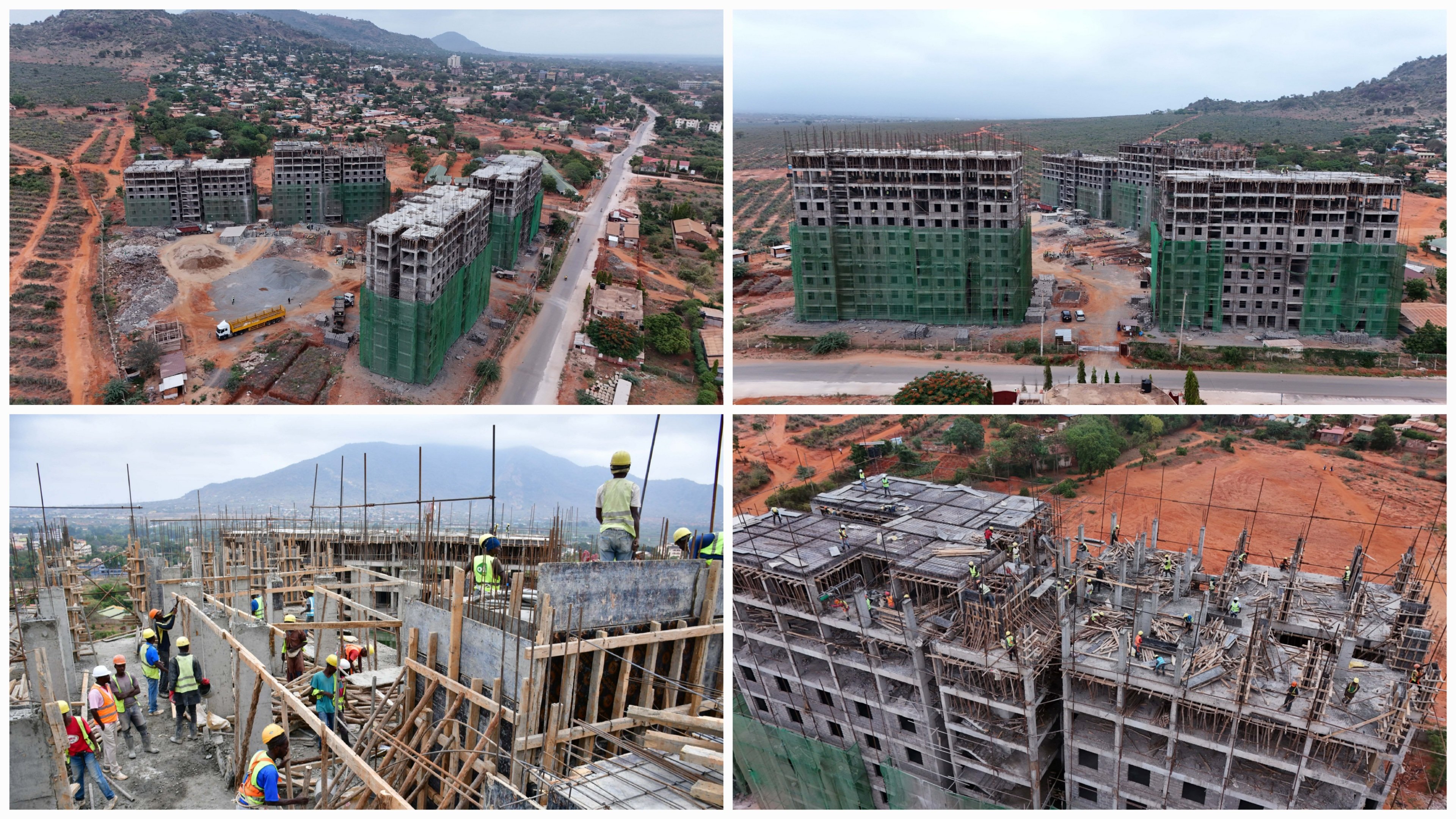 Aerial and ground-level views of several G+11 residential blocks under construction at the Voi Pool Affordable Housing Project, showing green safety netting and concrete structural frames.