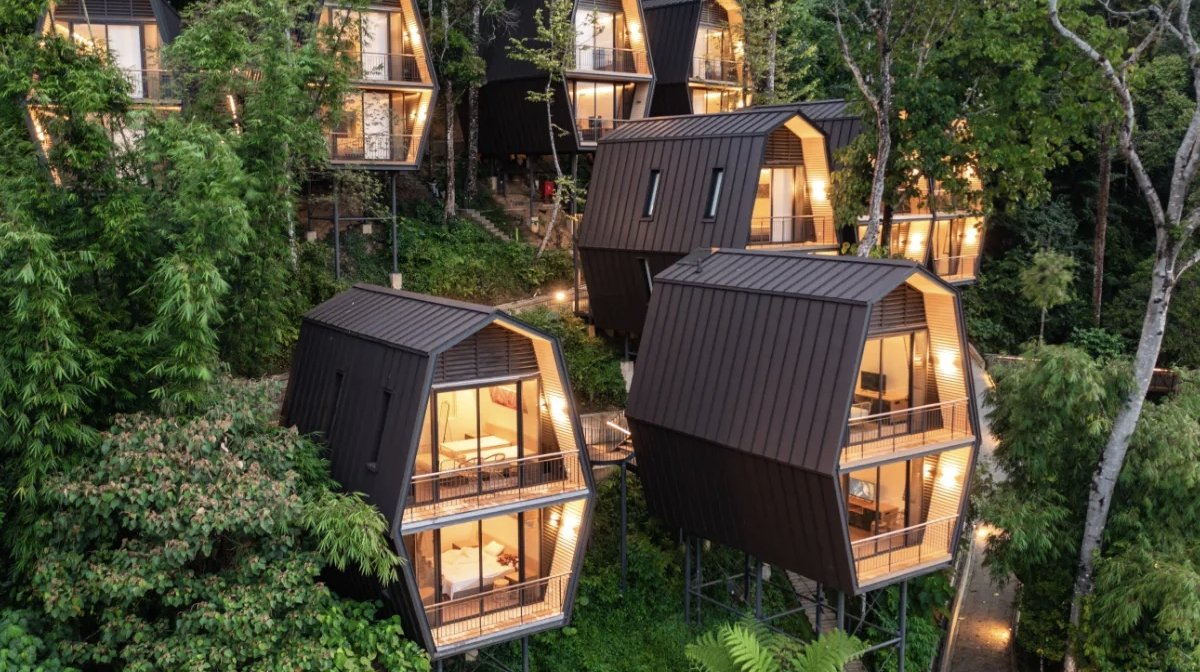 Prefabricated steel chalets nestled among rainforest trees at VanaVasa Resort in Janda Baik, Malaysia.