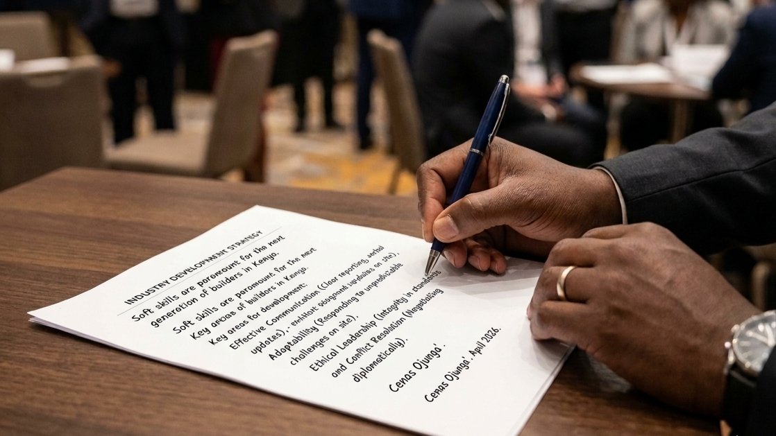 Close up of a person writing on a document with a blurred background of people in a professional setting.