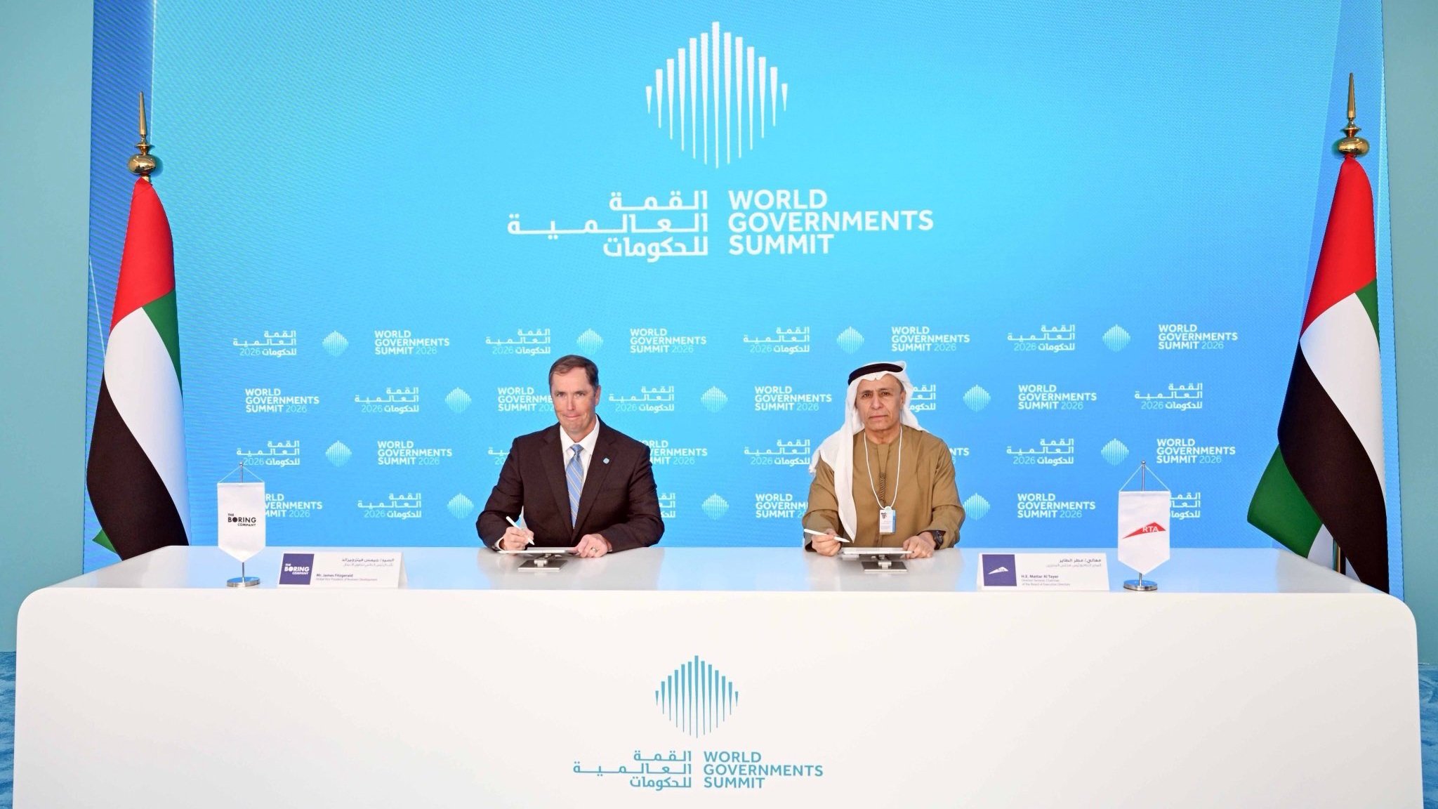 A close-up of the official signing ceremony between Dubai's RTA and The Boring Company at the World Governments Summit.