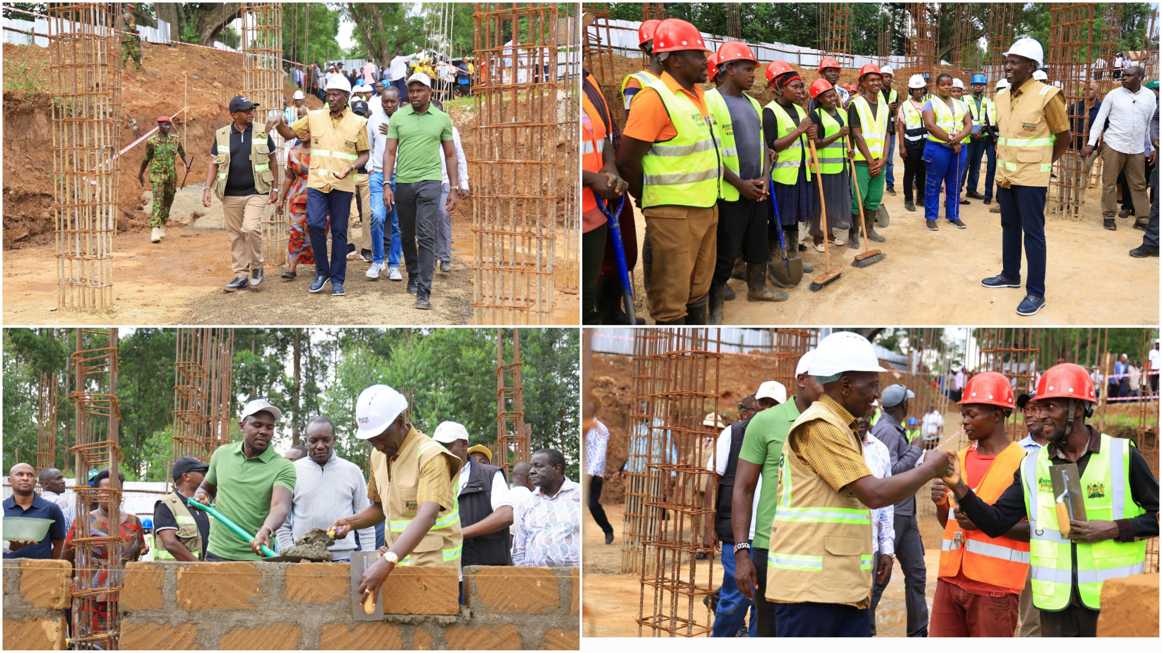 A wide shot of President William Ruto laying a foundation stone for the Nyachenge Affordable Housing Project in South Mugirango, Kisii County, surrounded by construction workers in safety gear and local officials.