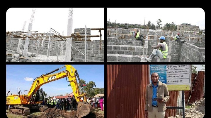 Excavator at a construction site with workers building a Small Claims Court in Nairobi.