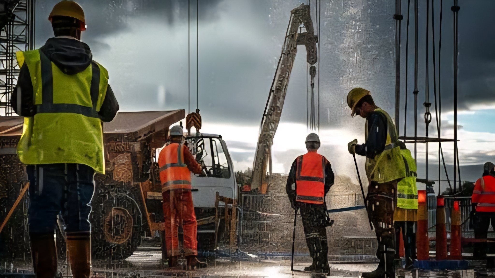A view of heavy rain falling over a construction site in Kenya with clouded skies and water pooling on the ground.