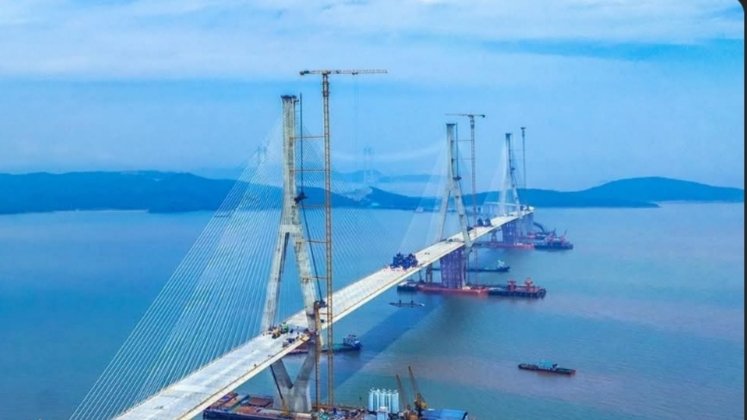 view of the new three tower cable stayed bridge in China