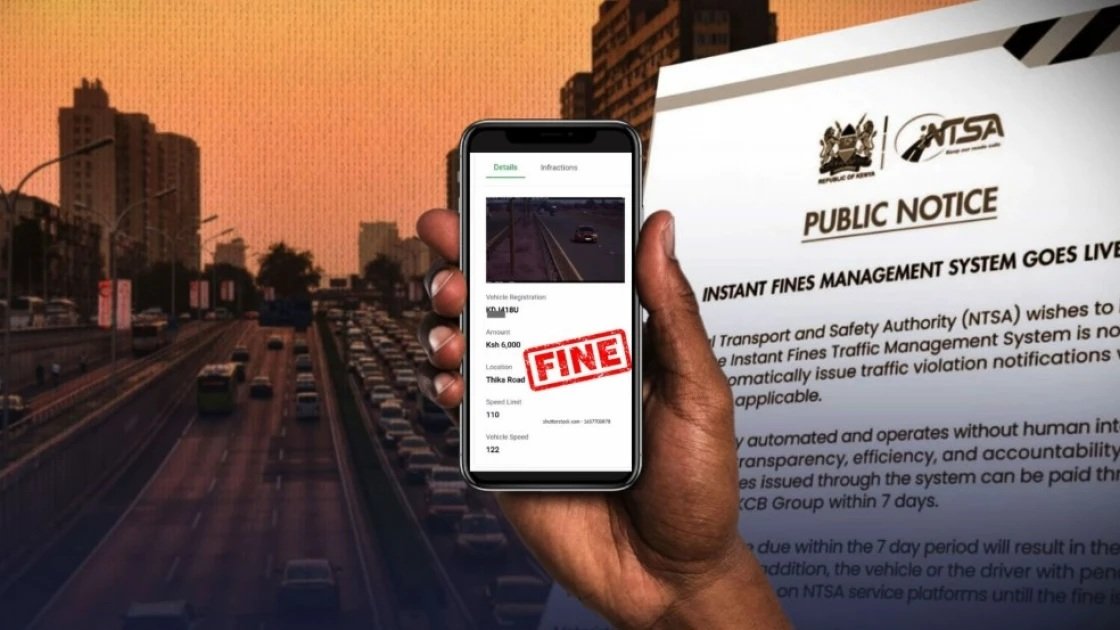 A hand holding a smartphone displaying a digital traffic fine notification with the NTSA logo and a public notice in the background.