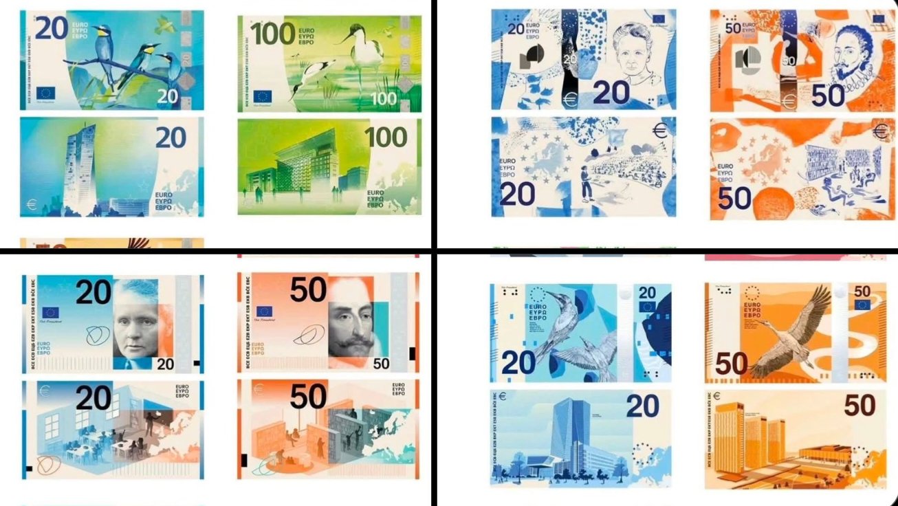 Ten design proposals for the new series of euro banknotes displayed side by side against a white background.