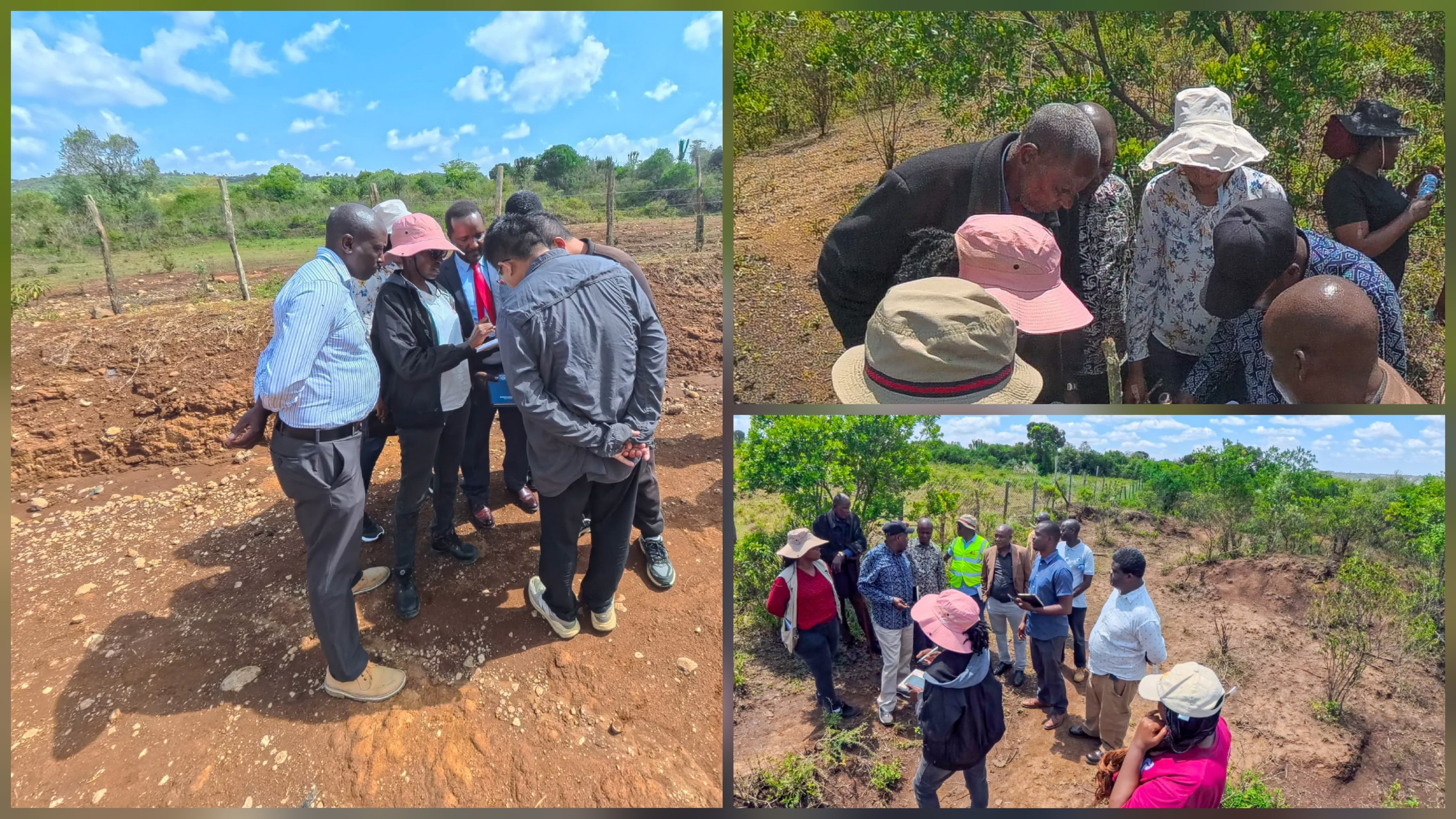 A group of engineers and government officials standing in a rural, excavated area along the proposed SGR railway corridor.