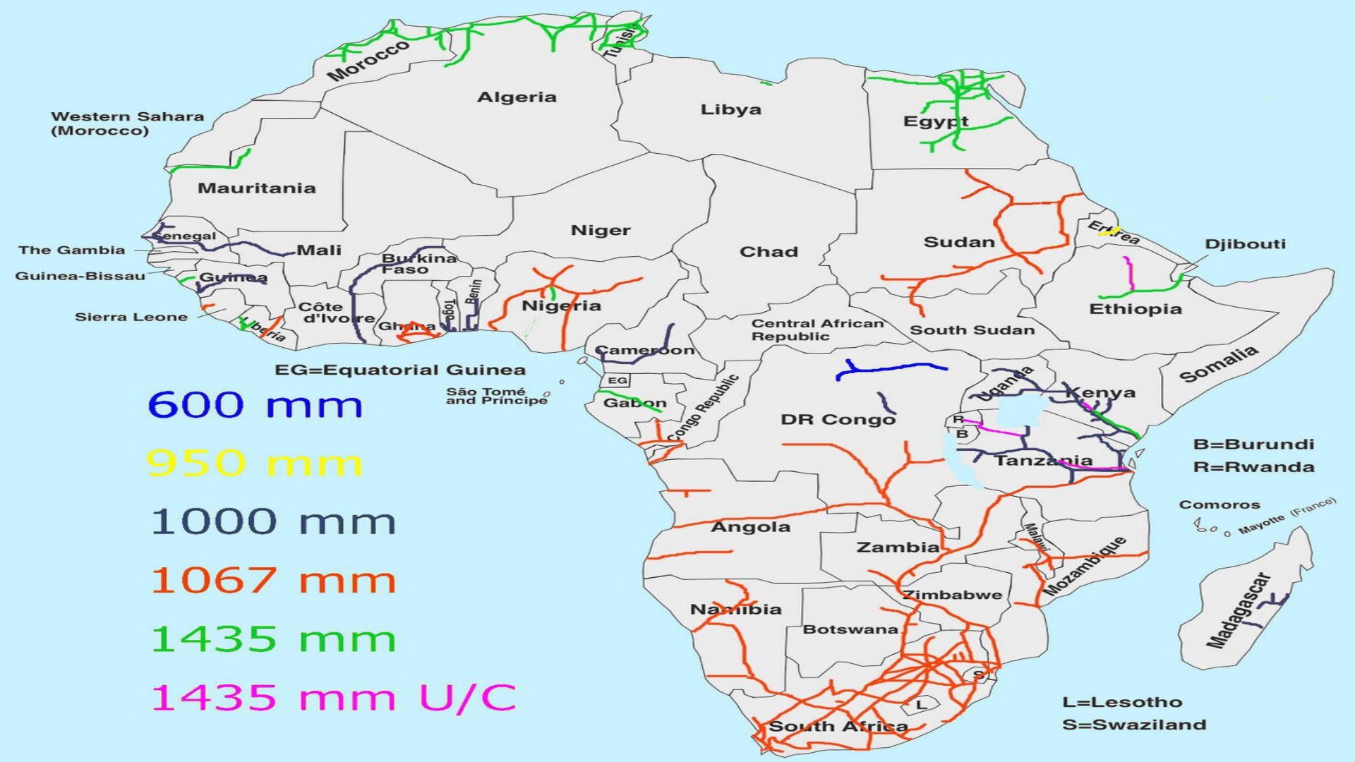 Map of Africa displaying railway line networks color-coded by track gauge measurements.