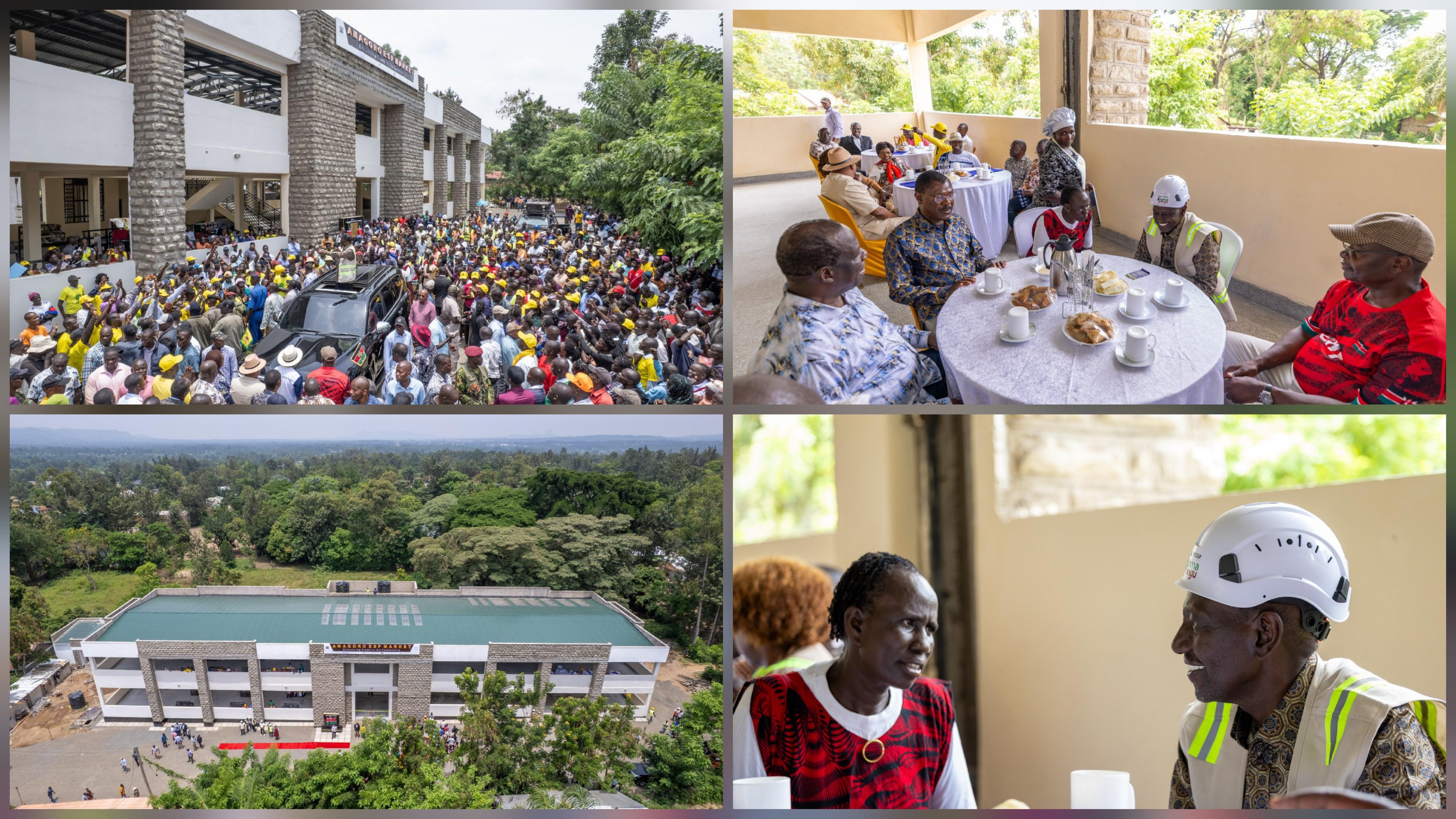 Exterior and interior views of the newly commissioned Amagoro Modern Market in Busia County, showing the multi-storey stone building and President William Ruto interacting with traders.