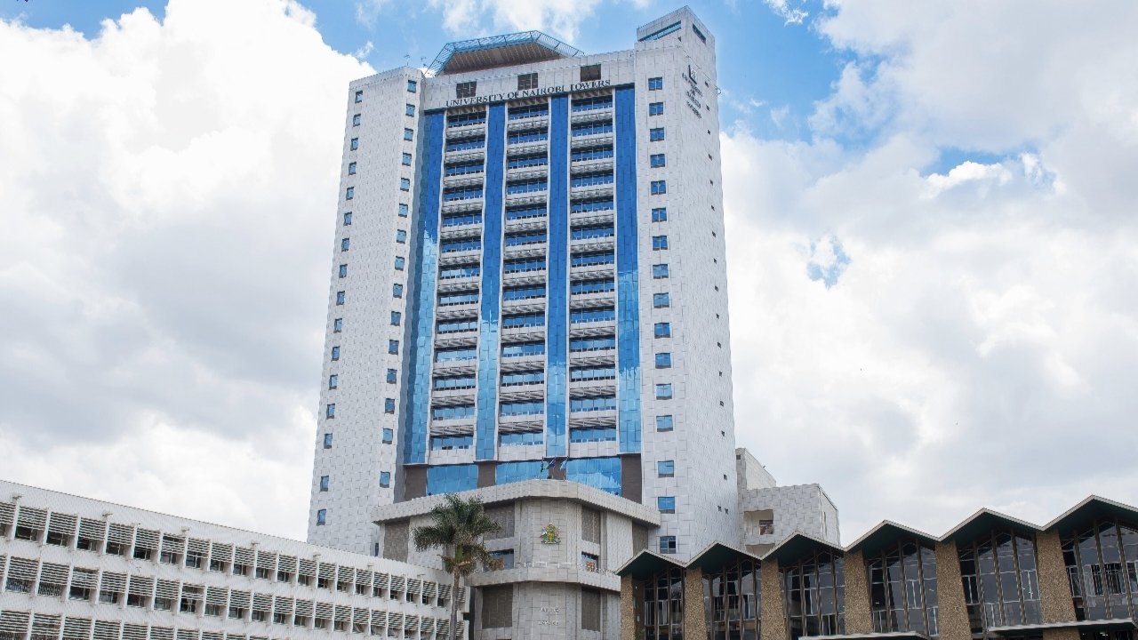 Aerial view of the University of Nairobi main campus buildings and grounds in Nairobi, Kenya.