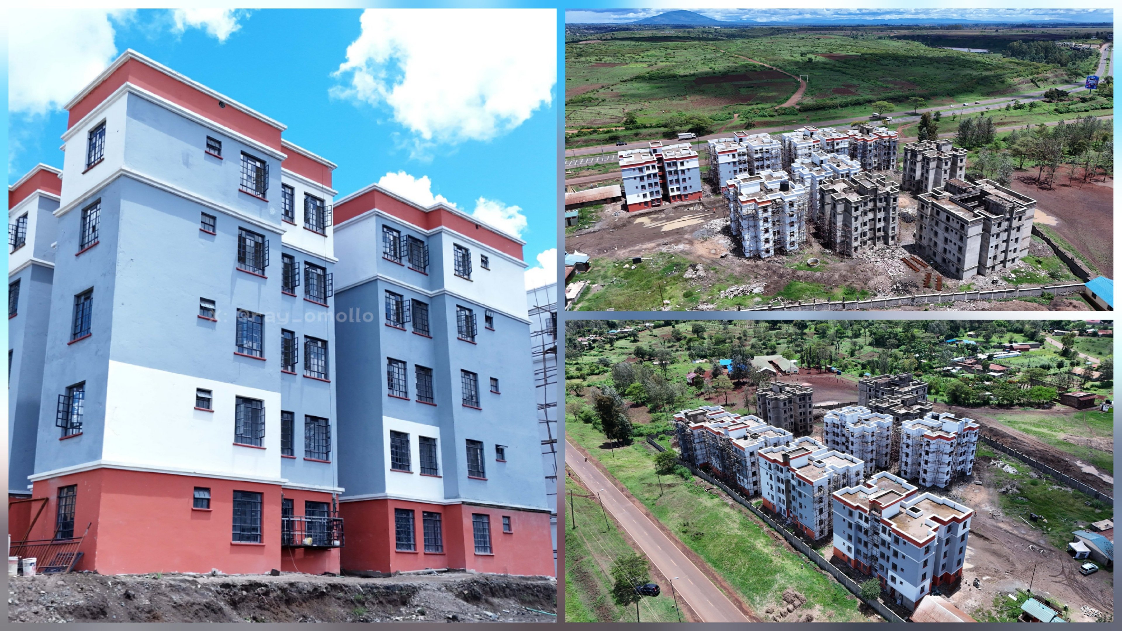 Photo collage showing four completed multi-story residential blocks with blue and grey exteriors under a clear sky.