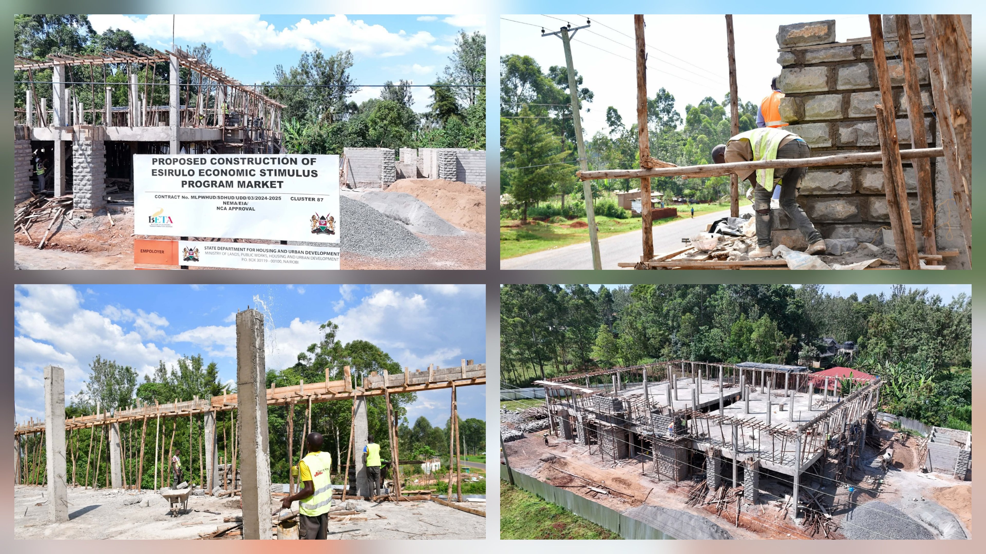 Construction workers performing duct walling and beam works at the Esirulo ESP Market site in Vihiga County, Kenya, highlighting the ongoing structural progress.